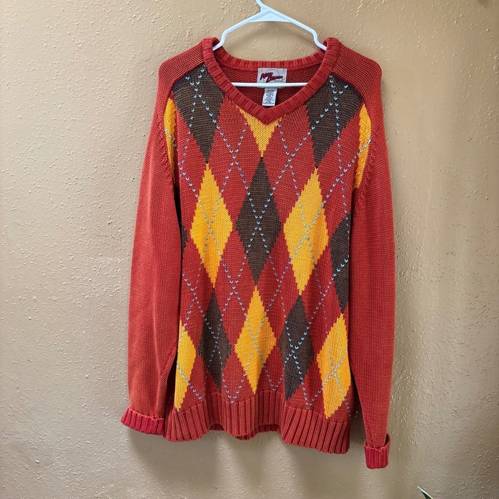 Nick Danger Sportswear Mens Argyle V-Neck Cotton Knit Sweater Orange XL